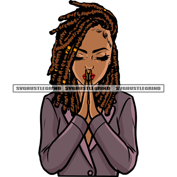Hard Praying Hand Pose African American Girls Prayer Pose Locus Hairstyle Afro Girls Cute Face Design Element White Background Close Eyes SVG JPG PNG Vector Clipart Cricut Silhouette Cut Cutting
