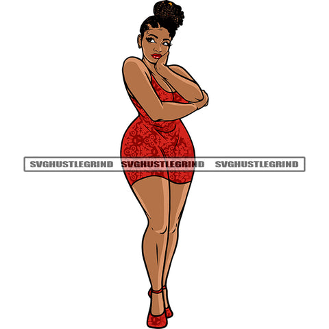 Plus Size Woman Standing African American Woman Thinking Pose Wearing Party Dress Vector Curly Hairstyle White Background SVG JPG PNG Vector Clipart Cricut Silhouette Cut Cutting