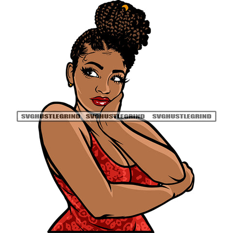 Plus Size Woman Half Body African American Woman Thinking Pose Wearing Party Dress Vector Curly Hairstyle White Background SVG JPG PNG Vector Clipart Cricut Silhouette Cut Cutting