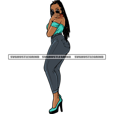 Gangster African American Woman Standing Pose And Wearing Sunglass Locus Long Hairstyle Sexy Pose White Background SVG JPG PNG Vector Clipart Cricut Silhouette Cut Cutting