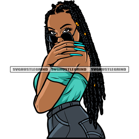 Gangster African American Woman Sexy Pose And Wearing Sunglass Locus Long Hairstyle Sexy Pose White Background SVG JPG PNG Vector Clipart Cricut Silhouette Cut Cutting