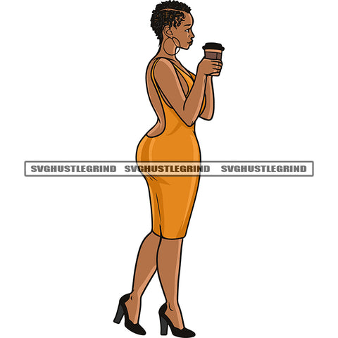 Melanin Woman Hand Holding Coffee Mug And Gangster African American Woman Standing Short Hairstyle Sexy Woman Wearing Orange Color Dress Vector White Background SVG JPG PNG Vector Clipart Cricut Silhouette Cut Cutting