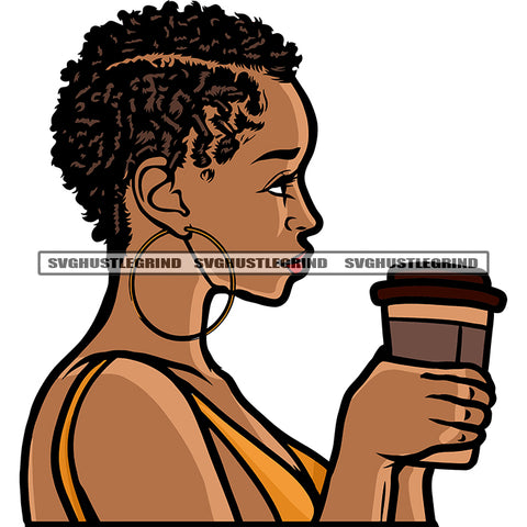 Melanin Woman Hand Holding Coffee Mug And Gangster African American Woman Wearing Hoop Earing Short Hairstyle Sexy Woman Wearing Orange Color Dress Vector White Background SVG JPG PNG Vector Clipart Cricut Silhouette Cut Cutting