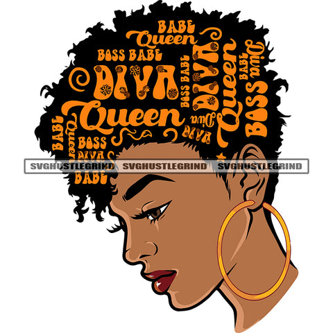 Gangster African American Woman Side Face Design Element Afro Woman Wearing Hoop Earing Lot Of Quote On Head SVG JPG PNG Vector Clipart Cricut Silhouette Cut Cutting