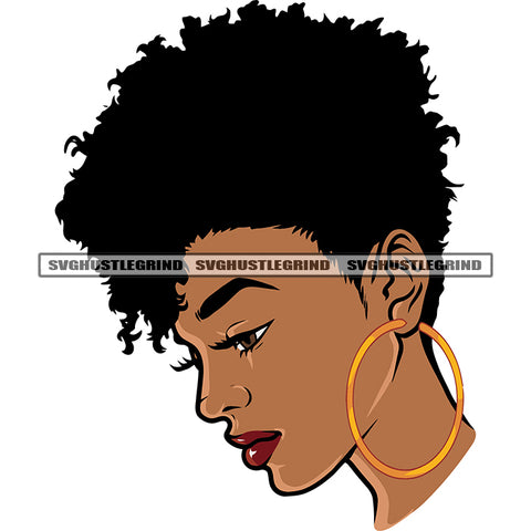Gangster African American Woman Side Face Design Element Afro Woman Wearing Hoop Earing Afro Short Hairstyle White Background SVG JPG PNG Vector Clipart Cricut Silhouette Cut Cutting