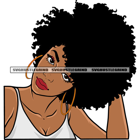 Gangster African American Woman Hand Holding Afro Hairstyle And Wearing Hoop Earing Smile Face Design Element Beautiful Woman SVG JPG PNG Vector Clipart Cricut Silhouette Cut Cutting