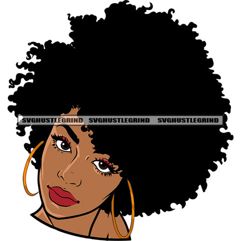 Smile Face African American Woman Head Design Element Afro Woman Wearing Hoop Earing Beautiful Eyes SVG JPG PNG Vector Clipart Cricut Silhouette Cut Cutting