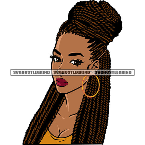 Gangster African American Woman Smile Face Wearing Hoop Earing Locus Long Hairstyle Design Element Beautiful Eyes White Background SVG JPG PNG Vector Clipart Cricut Silhouette Cut Cutting