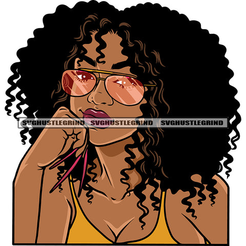 Afro Woman Thinking Pose Wearing Sunglass And Showing Long Nail Design Element African American Woman Curly Hairstyle White Background SVG JPG PNG Vector Clipart Cricut Silhouette Cut Cutting