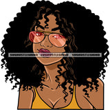 Gangster African American Woman Smile Face Wearing Sunglass And Curly Long Hairstyle Design Element White Background SVG JPG PNG Vector Clipart Cricut Silhouette Cut Cutting