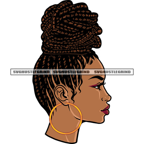 African American Woman Side Face Wearing Hoop Earing Locus Hairstyle Design Element White Background SVG JPG PNG Vector Clipart Cricut Silhouette Cut Cutting