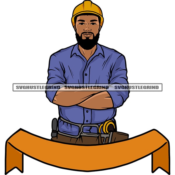 Handyman Standing African American Repair Service Wearing Hamlet Design Element Lot Of Repair Tools Banner Vector White Background SVG JPG PNG Vector Clipart Cricut Silhouette Cut Cutting