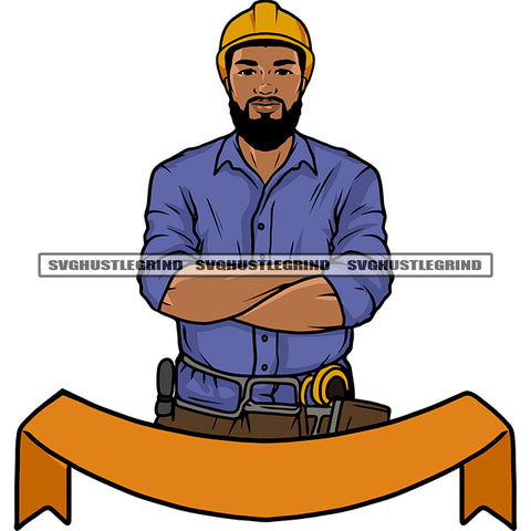 Handyman Standing African American Repair Service Wearing Hamlet Design Element Lot Of Repair Tools Banner Vector White Background SVG JPG PNG Vector Clipart Cricut Silhouette Cut Cutting