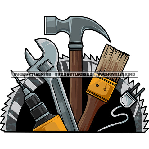 Brush Drill Machine Lot Of Repair Tools Handyman Service Design Element Repair Tools Logo Design White Background Hammer And Cutter SVG JPG PNG Vector Clipart Cricut Silhouette Cut Cutting