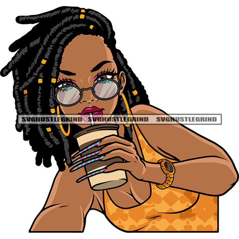 Gangster African American Girls Hand Holding Coffee Mug And Afro Girls Wearing Sunglass Locus Hairstyle Design Element SVG JPG PNG Vector Clipart Cricut Silhouette Cut Cutting