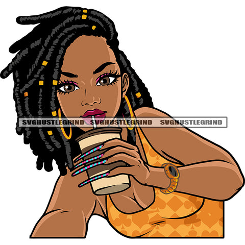 Gangster African American Girls Hand Holding Coffee Mug And Afro Girls Wearing Hoop Earing And Watch Locus Hairstyle Design Element SVG JPG PNG Vector Clipart Cricut Silhouette Cut Cutting