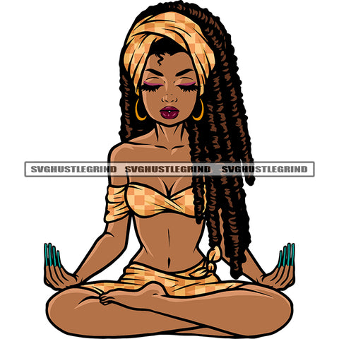 African American Girls Sitting On Yoga Pose Afro Girls Close Eyes Locus Long Hairstyle Design Element Long Nail Vector White Background SVG JPG PNG Vector Clipart Cricut Silhouette Cut Cutting