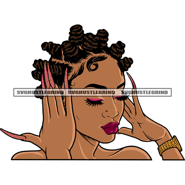 Gangster African American Woman Close Eyes Hand Holding Head Long Nail Design Element Afro Hairstyle White Background SVG JPG PNG Vector Clipart Cricut Silhouette Cut Cutting