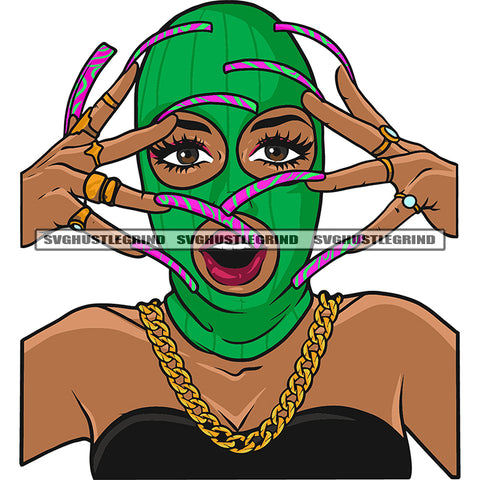 African American Woman Showing On His Long Nail Design Element Afro Woman Wearing Ski Mask White Background SVG JPG PNG Vector Clipart Cricut Silhouette Cut Cutting