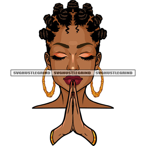 Hard Praying Hand Beautiful African American Woman Close Eyes And Afro Short Hairstyle Afro Woman Cute Face White Background Design Element SVG JPG PNG Vector Clipart Cricut Silhouette Cut Cutting