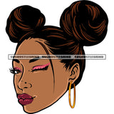 Cute Face African American Woman Face Design Element Afro Woman Wearing Hoop Earing One Eyes Close And One Puffy Hairstyle White Background SVG JPG PNG Vector Clipart Cricut Silhouette Cut Cutting