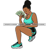 Gangster African American Woman Hand Holding Money Note Sitting Sexy Pose Design Element Afro Short Hairstyle SVG JPG PNG Vector Clipart Cricut Silhouette Cut Cutting