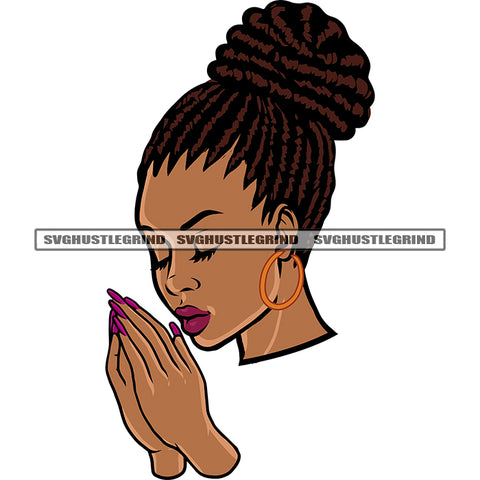 Gangster African American Woman Hard Praying Hand Design Element Afro Hairstyle Wearing Hoop Earing Long Nail Close Eyes SVG JPG PNG Vector Clipart Cricut Silhouette Cut Cutting