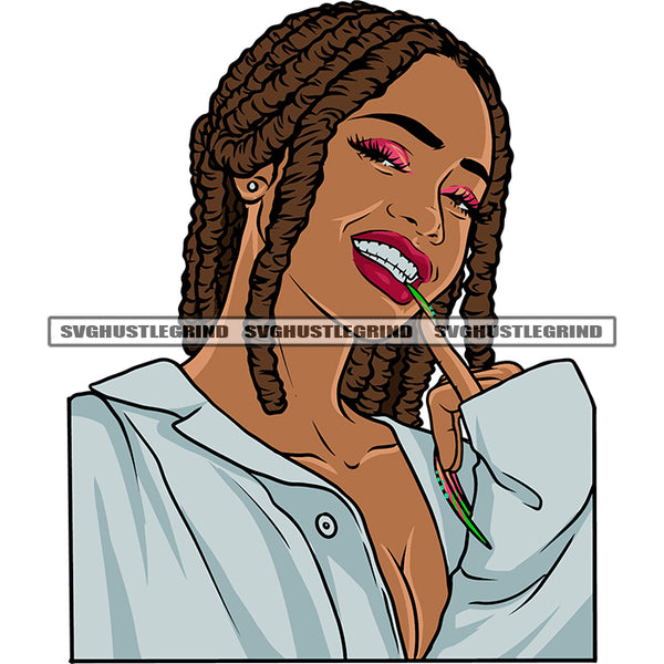 African American Woman Bite On His Nail Smile Face Afro Woman Locus Long Hairstyle Design Element Vector White Background SVG JPG PNG Vector Clipart Cricut Silhouette Cut Cutting
