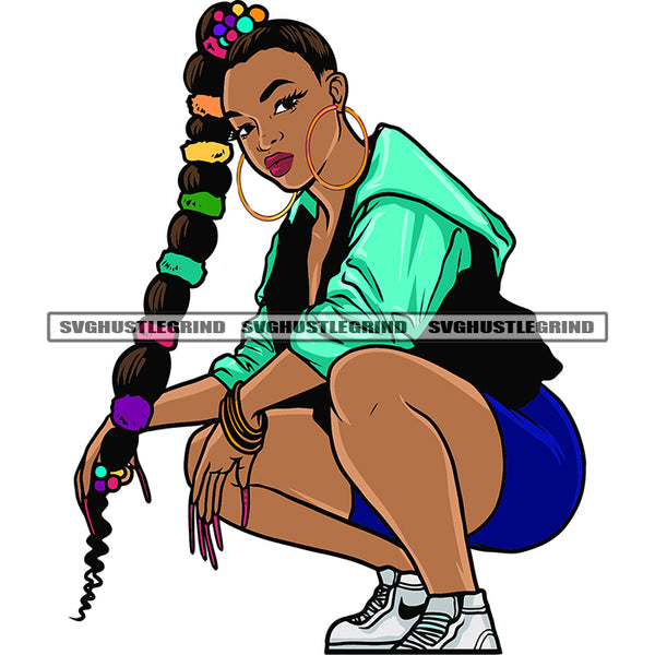 Gangster African American Woman Sitting Sexy Pose Hand Holding Long Hair Afro Woman Wearing Hoop Earing White Background SVG JPG PNG Vector Clipart Cricut Silhouette Cut Cutting