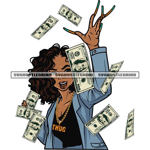 Gangster African American Woman Smile Face Money Dripping Design Element Afro Woman Happy Face Long Nail Wearing Locke Chain White Background SVG JPG PNG Vector Clipart Cricut Silhouette Cut Cutting