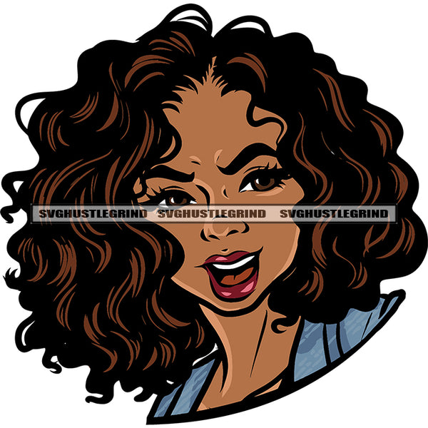 Smile Face Gangster Africa American Woman Head Design Element Curly Long Hairstyle Open Mouth White Background Beautiful Face SVG JPG PNG Vector Clipart Cricut Silhouette Cut Cutting