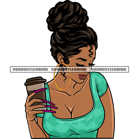 Sexy African American Woman Hand Holding Coffee Mug And Smile Face Afro Woman Wearing Hoop Earing Curly Long Hairstyle Sexy Pose Design Element SVG JPG PNG Vector Clipart Cricut Silhouette Cut Cutting