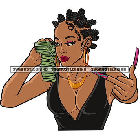 Gangster African American Woman Showing Money Bundle And Middle Finger Design Element Afro Woman Wearing Hoop Earing Sexy Body Melanin Woman SVG JPG PNG Vector Clipart Cricut Silhouette Cut Cutting