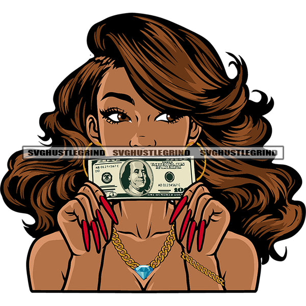 African American Girls Hide Face On Money Note Afro Long Hairstyle Design Element Woman Wearing Chain Vector SVG JPG PNG Vector Clipart Cricut Silhouette Cut Cutting