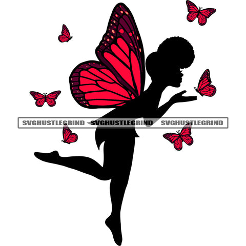 Silhouette Flying Fairy Cute Fairy Design Element Lot Of Butterfly Flying White Background SVG JPG PNG Vector Clipart Cricut Cut Cutting