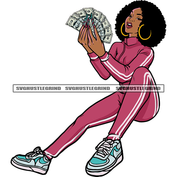 Gangster Woman Hand Holding Money Note Design Element Wearing Hoop Earing Afro Puffy Hairstyle Sitting Pose White Background SVG JPG PNG Vector Clipart Cricut Silhouette Cut Cutting