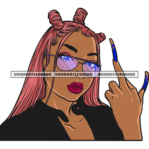 Gangster African American Woman Showing Middle Finger And Long Nail Wearing Sunglass Design Element Afro Woman Smile Face Color Long Hairstyle White Background SVG JPG PNG Vector Clipart Cricut Silhouette Cut Cutting