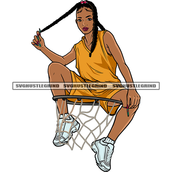 Woman Sitting On Basketball Net African American Woman Hand Holding Locus Long Nail Design Element Wearing Sport Dress SVG JPG PNG Vector Clipart Cricut Silhouette Cut Cutting