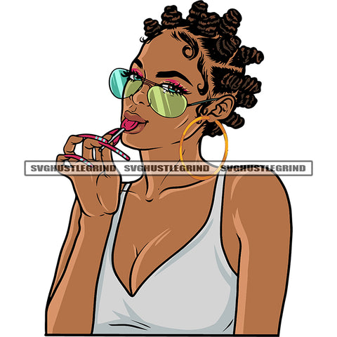 African American Woman Eating Loli-pop Wearing Hoop Earing Smiler Face Afro Woman Short Hairstyle White Background SVG JPG PNG Vector Clipart Cricut Silhouette Cut Cutting