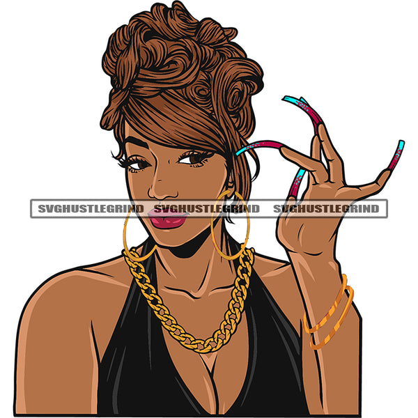 Gangster African American Woman Showing Long Nail Wearing Hoop Earing And Chain Design Element Sexy Afro Woman Hairstyle SVG JPG PNG Vector Clipart Cricut Silhouette Cut Cutting