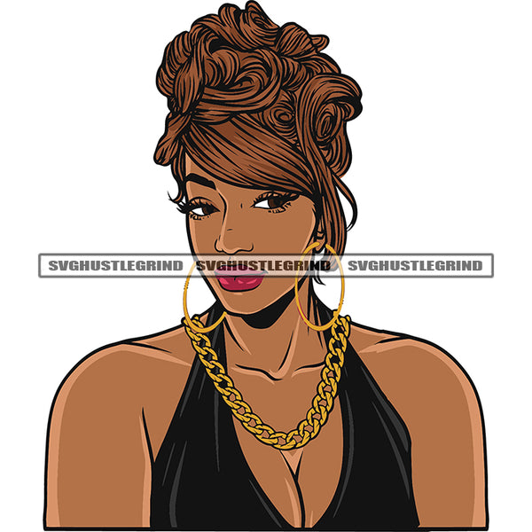 Gangster African American Woman Wearing Hoop Earing And Chain Design Element Sexy Afro Woman Hairstyle White Background SVG JPG PNG Vector Clipart Cricut Silhouette Cut Cutting