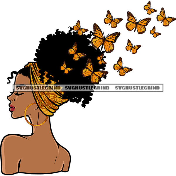 Gangster African American Woman Head Afro Hairstyle Design Element Lot Of Butterfly Flying And Wearing Hoop Earing Curly Hairstyle SVG JPG PNG Vector Clipart Cricut Silhouette Cut Cutting