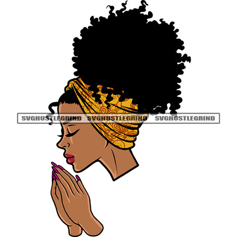Hard Praying Hand Gangster African American Woman Head Afro Hairstyle Design Element Wearing Hoop Earing Curly Hairstyle SVG JPG PNG Vector Clipart Cricut Silhouette Cut Cutting