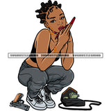 Afro Woman Showing Middle Finger Gun And Bag On Floor Design Element Afro Hairstyle Sitting Pose Vector SVG JPG PNG Vector Clipart Cricut Silhouette Cut Cutting