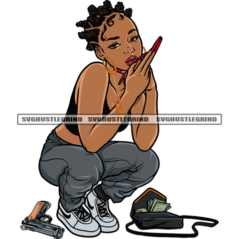 Afro Woman Showing Middle Finger Gun And Bag On Floor Design Element Afro Hairstyle Sitting Pose Vector SVG JPG PNG Vector Clipart Cricut Silhouette Cut Cutting