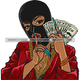 Gangster African American Woman Showing Keep Silent Hand Sign Money Note And Long Nail Design Element Wearing Ski Mask SVG JPG PNG Vector Clipart Cricut Silhouette Cut Cutting