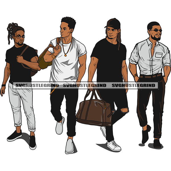 Gangster African American Man Standing And Hand Holding Bag Handsome Boy Squad Design Element Afro And Locus Hairstyle SVG JPG PNG Vector Clipart Cricut Silhouette Cut Cutting