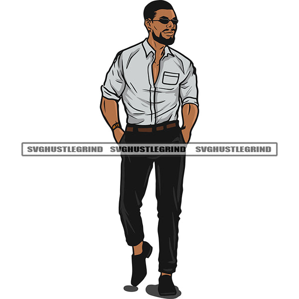 African American Handsome Man Standing Design Element Afro Man Wearing Sunglass Afro Short Hairstyle White Background SVG JPG PNG Vector Clipart Cricut Silhouette Cut Cutting