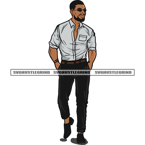 African American Handsome Man Standing Design Element Afro Man Wearing Sunglass Afro Short Hairstyle White Background SVG JPG PNG Vector Clipart Cricut Silhouette Cut Cutting