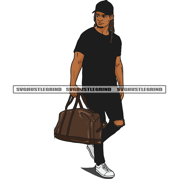 Gangster African American Man Hand Holding Bag Wearing Cap Locus Hair Style Design Element Handsome Man SVG JPG PNG Vector Clipart Cricut Silhouette Cut Cutting